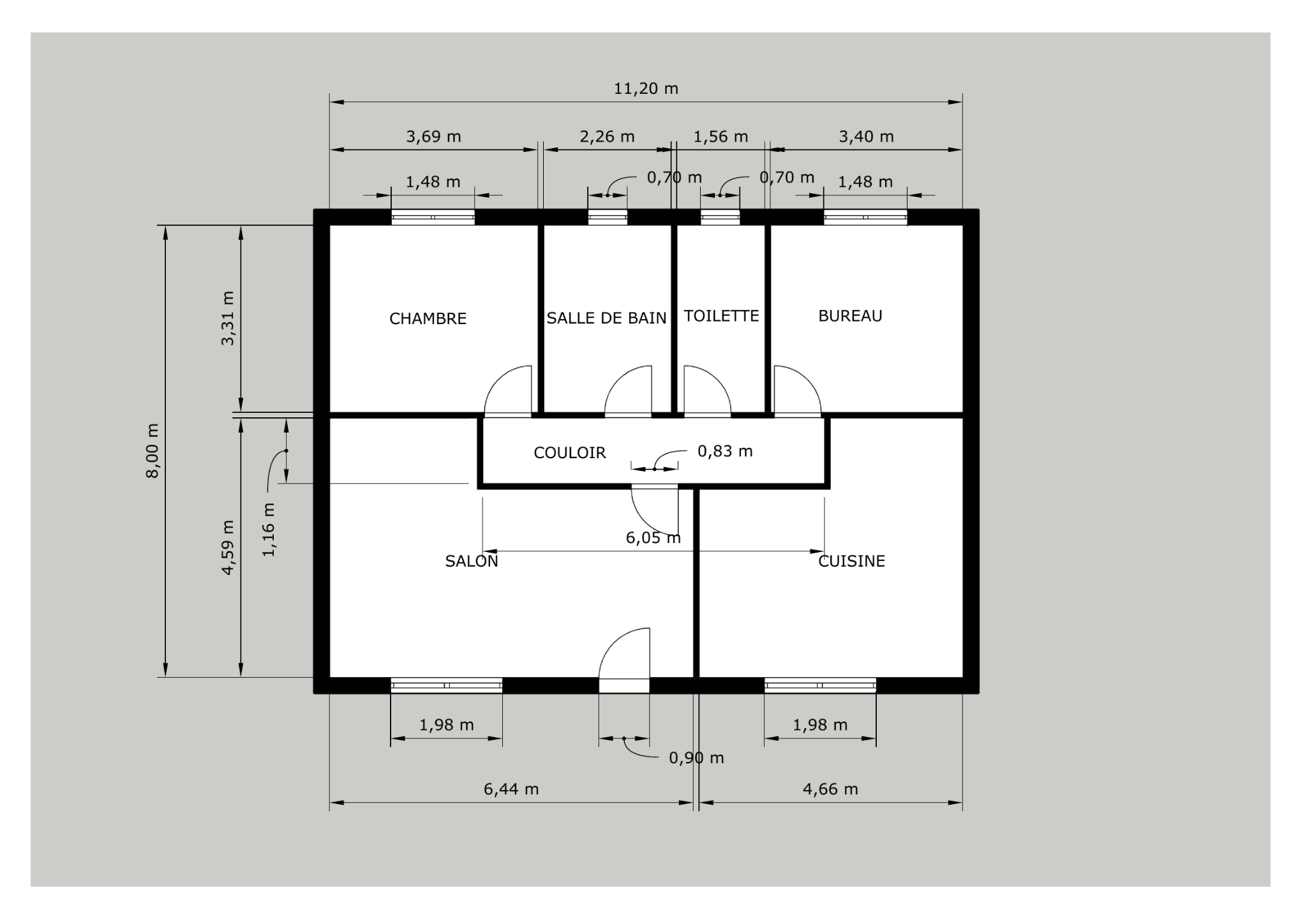 Plan 2D coté de l’appartement avec les dimensions des pièces