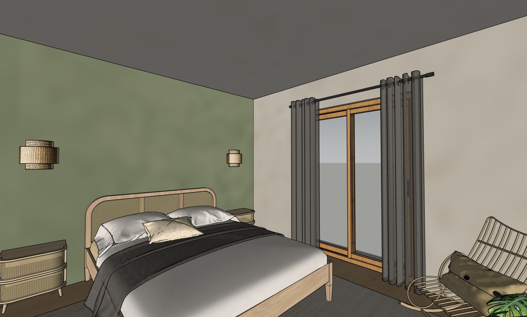 Vue SketchUp de la chambre côté tête de lit
