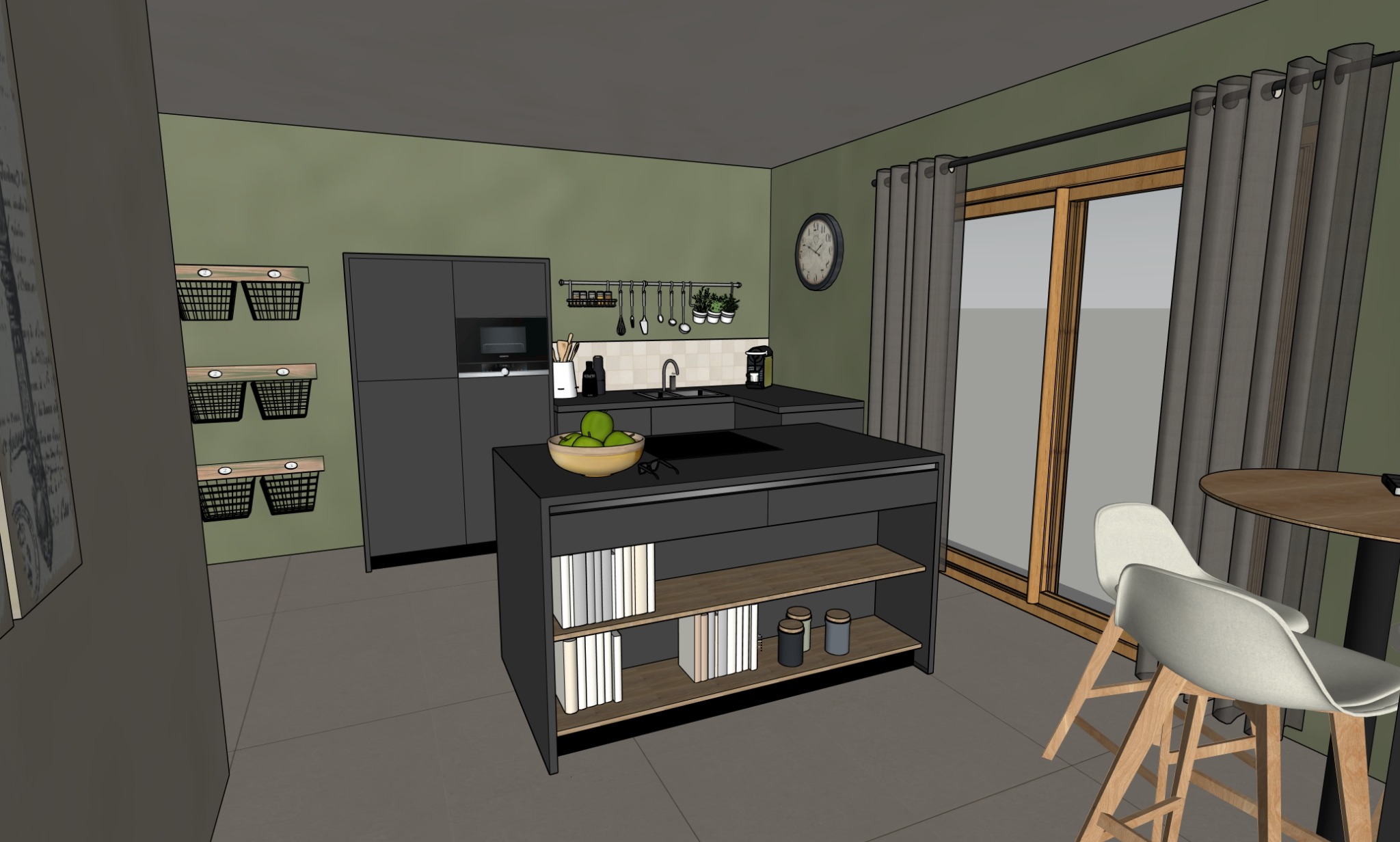 Vue SketchUp de la cuisine avec îlot